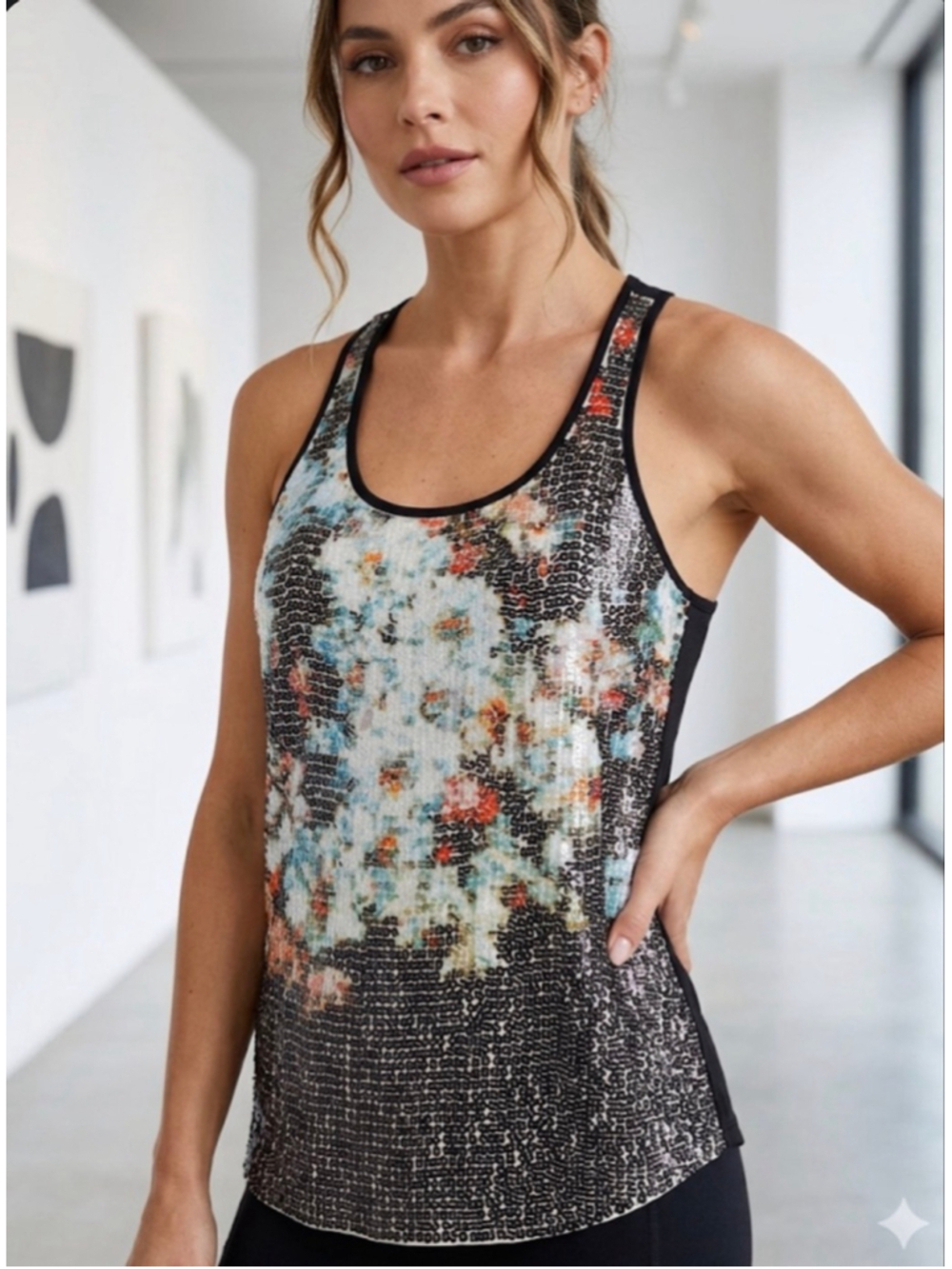 Express Sequin Floral Tank Top M Black White